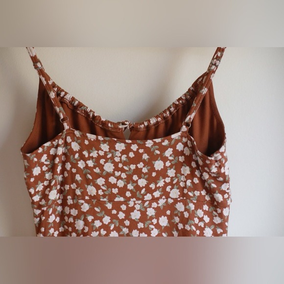 Hollister Floral A-Line Midi Dress Brown White Scoop Neck  Tie XS Cottagecore - Picture 7 of 8